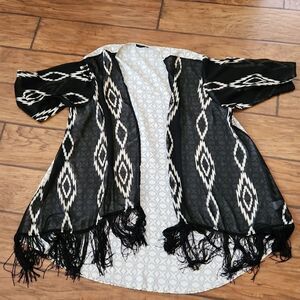 West Kei black and cream wrap fringe shawl or cover up one size